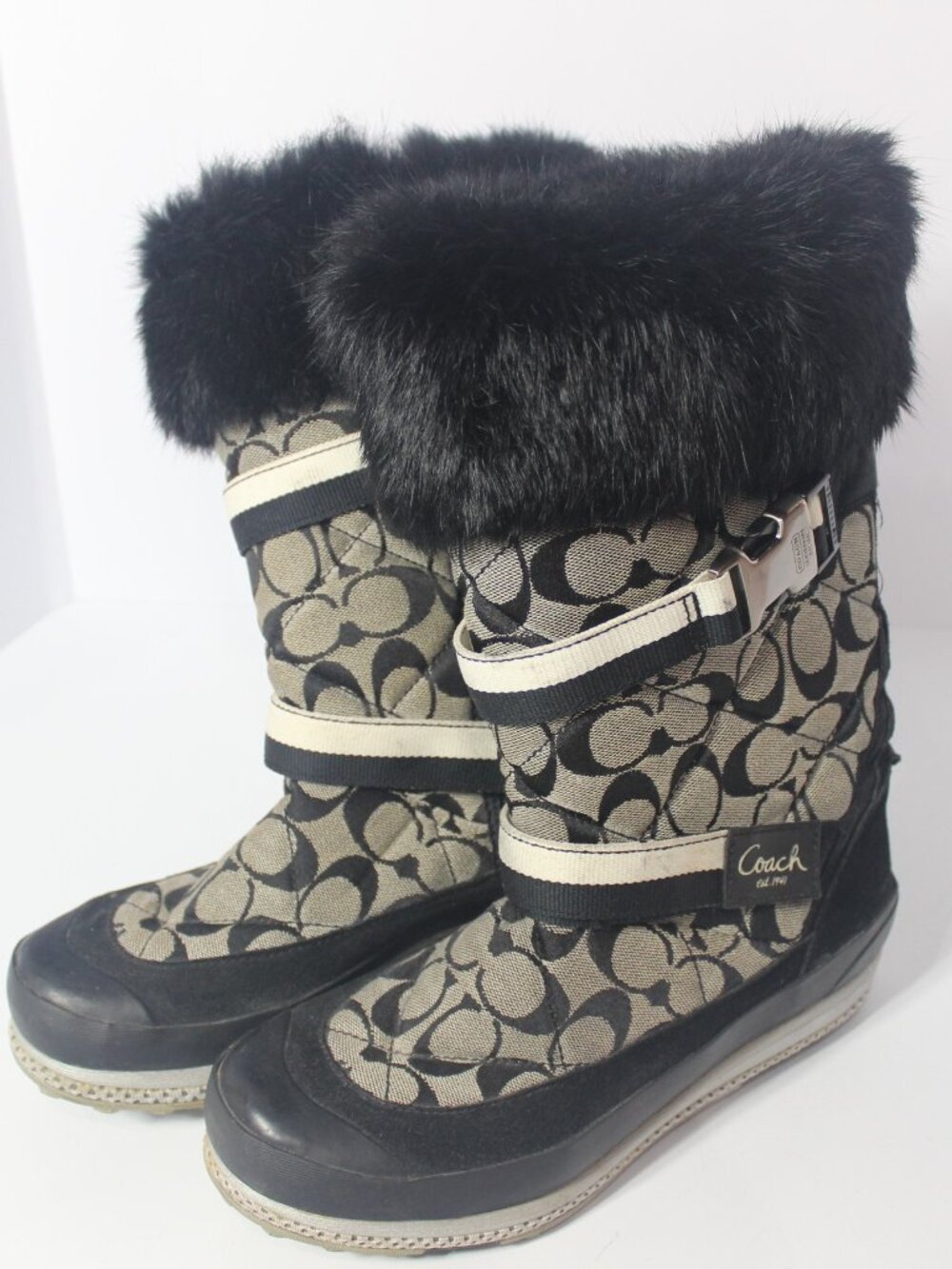 COACH WOMENS MARIETTE WINTER BOOTS SIGNATURE MONOGRAM LOGO CANVAS/BLK FUR SZ.9M